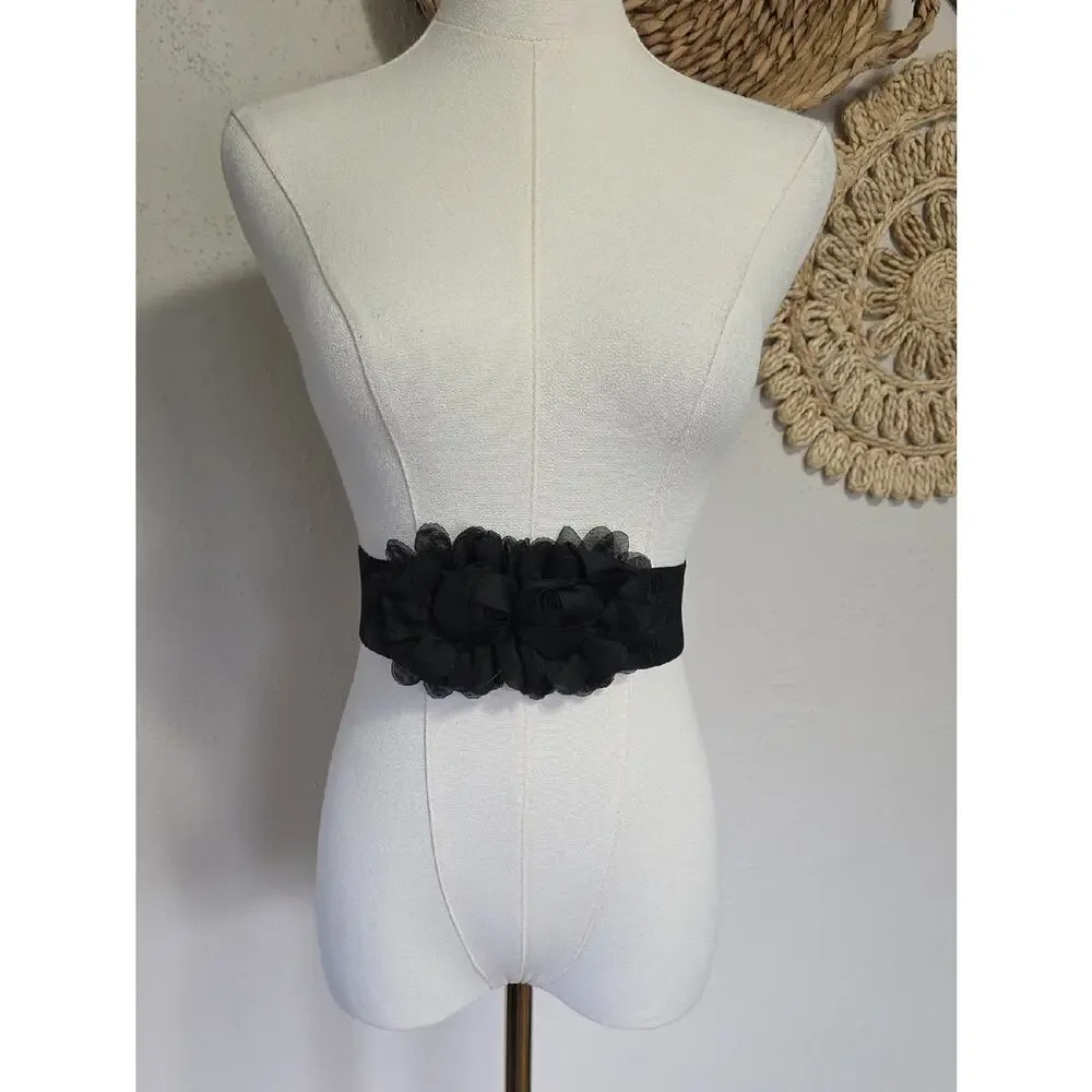 Black Floral Roses Wide Elasticized Belt Womens OS Dressy Bridal Dark Romance